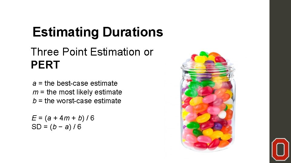 Estimating Durations Three Point Estimation or PERT a = the best-case estimate m =