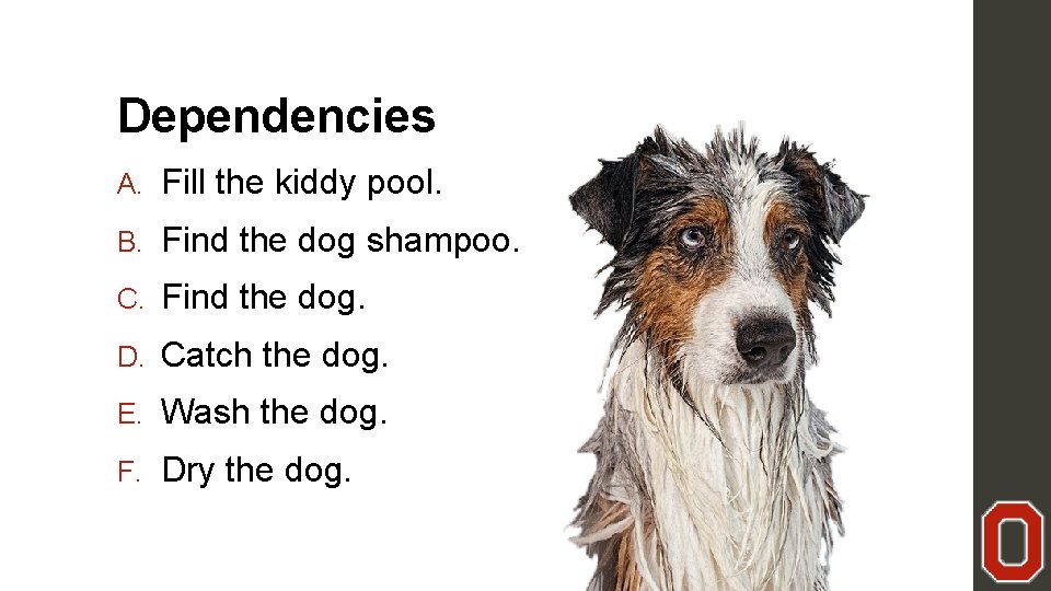 Dependencies A. Fill the kiddy pool. B. Find the dog shampoo. C. Find the