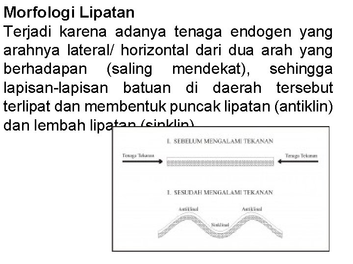 Morfologi Lipatan Terjadi karena adanya tenaga endogen yang arahnya lateral/ horizontal dari dua arah