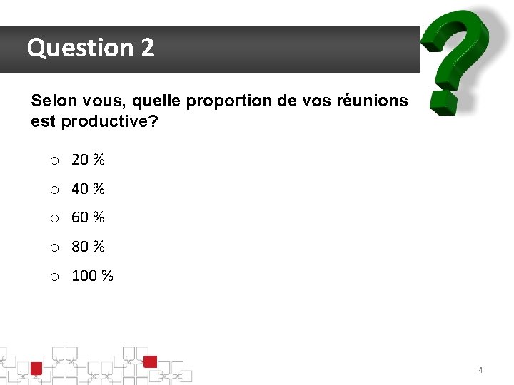 Question 2 Selon vous, quelle proportion de vos réunions est productive? o 20 %