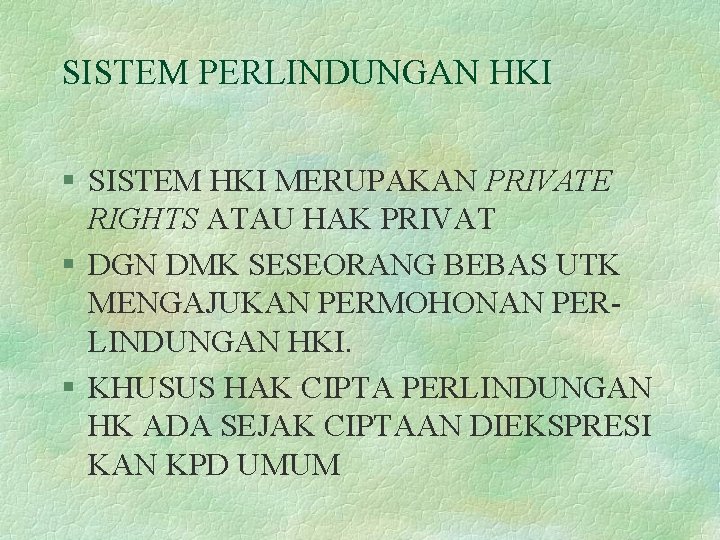 SISTEM PERLINDUNGAN HKI § SISTEM HKI MERUPAKAN PRIVATE RIGHTS ATAU HAK PRIVAT § DGN