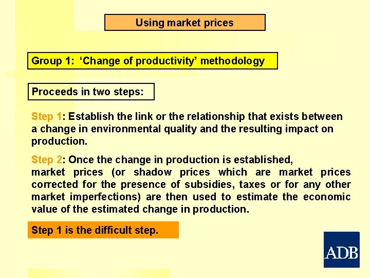 Using market prices Group 1: ‘Change of productivity’ methodology Proceeds in two steps: Step