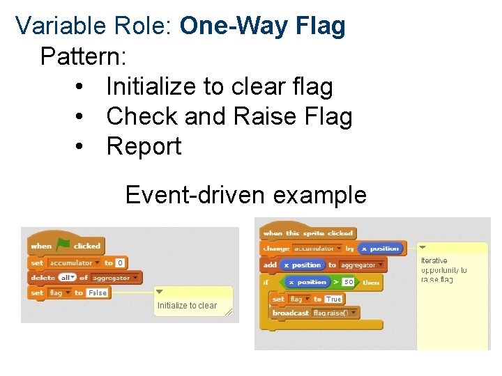 Variable Role: One-Way Flag Pattern: • Initialize to clear flag • Check and Raise