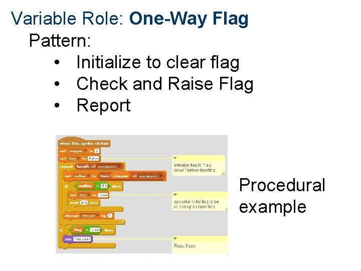 Variable Role: One-Way Flag Pattern: • Initialize to clear flag • Check and Raise