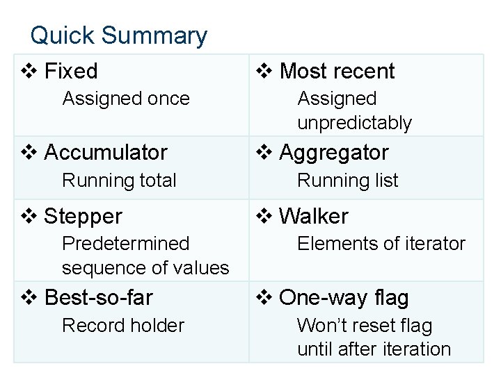 Quick Summary v Fixed Assigned once v Accumulator Running total v Stepper Predetermined sequence
