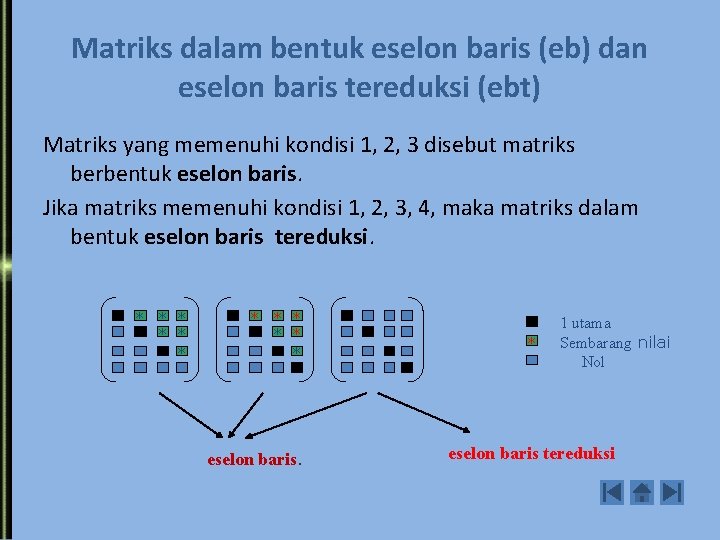 Matriks dalam bentuk eselon baris (eb) dan eselon baris tereduksi (ebt) Matriks yang memenuhi