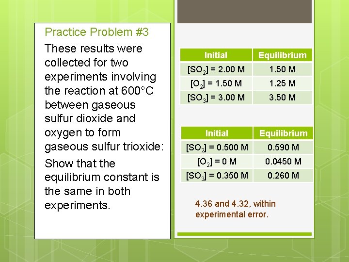 Practice Problem #3 These results were collected for two experiments involving the reaction at