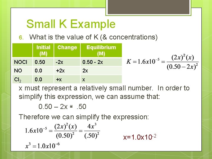 Small K Example 6. What is the value of K (& concentrations) Initial (M)