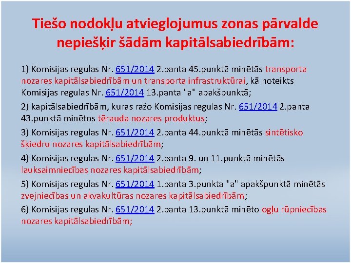 Tiešo nodokļu atvieglojumus zonas pārvalde nepiešķir šādām kapitālsabiedrībām: 1) Komisijas regulas Nr. 651/2014 2.