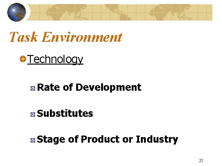 Task Environment Technology Rate of Development Substitutes Stage of Product or Industry 25 