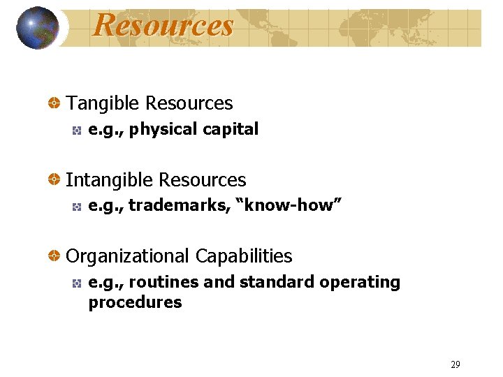 Resources Tangible Resources e. g. , physical capital Intangible Resources e. g. , trademarks,