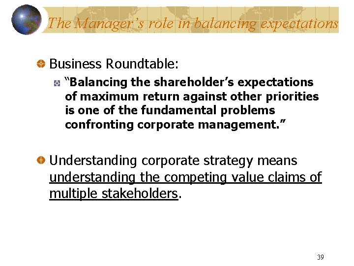 The Manager’s role in balancing expectations Business Roundtable: “Balancing the shareholder’s expectations of maximum