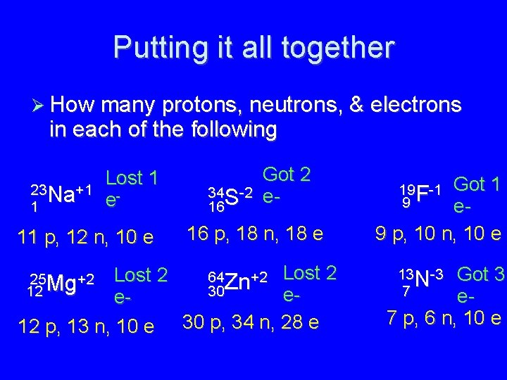 Putting it all together How many protons, neutrons, & electrons in each of the