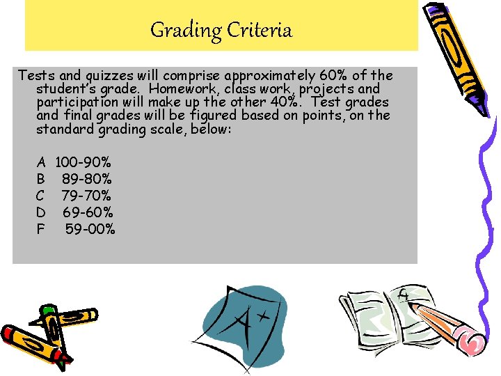 Grading Criteria Tests and quizzes will comprise approximately 60% of the student’s grade. Homework,