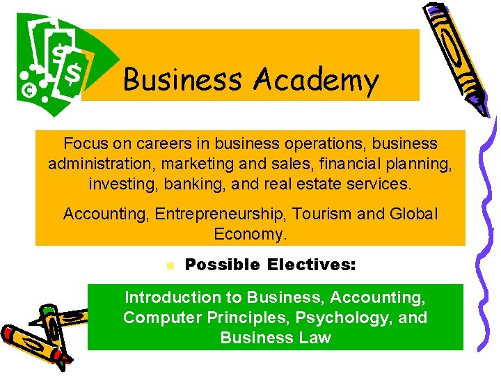 Business Academy Focus on careers in business operations, business administration, marketing and sales, financial
