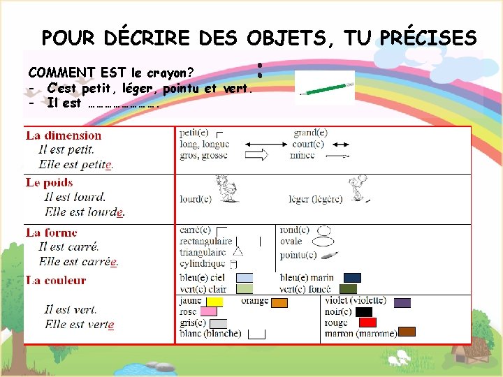 POUR DÉCRIRE DES OBJETS, TU PRÉCISES : COMMENT EST le crayon? - C’est petit,