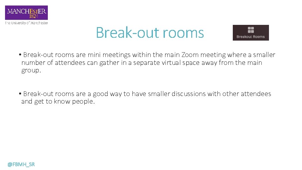 Break-out rooms • Break-out rooms are mini meetings within the main Zoom meeting where