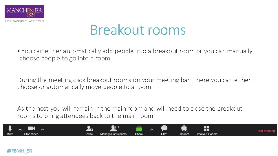 Breakout rooms • You can either automatically add people into a breakout room or