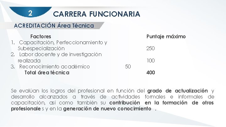 2 CARRERA FUNCIONARIA ACREDITACIÓN Área Técnica Factores 1. Capacitación, Perfeccionamiento y Subespecialización 2. Labor