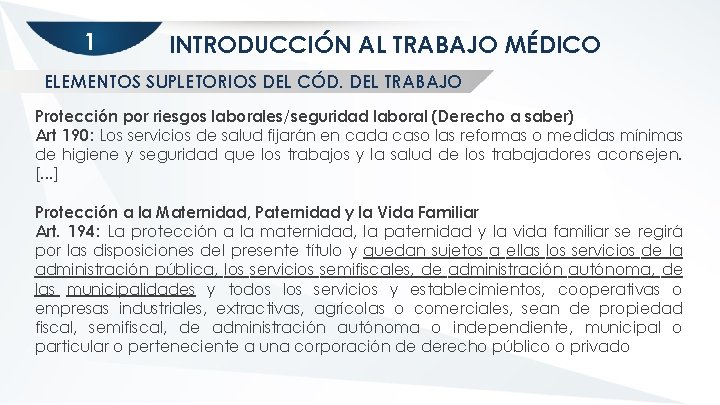 1 INTRODUCCIÓN AL TRABAJO MÉDICO ELEMENTOS SUPLETORIOS DEL CÓD. DEL TRABAJO Protección por riesgos