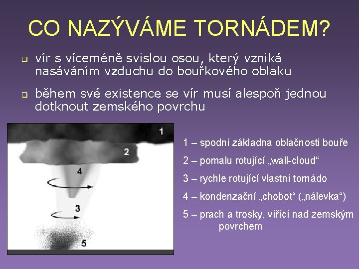 CO NAZÝVÁME TORNÁDEM? q q vír s víceméně svislou osou, který vzniká nasáváním vzduchu CO NAZÝVÁME TORNÁDEM? q q vír s víceméně svislou osou, který vzniká nasáváním vzduchu