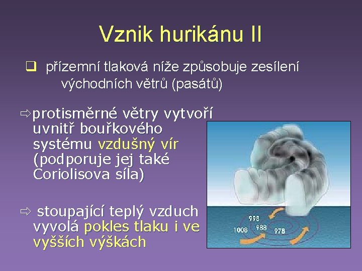 Vznik hurikánu II q přízemní tlaková níže způsobuje zesílení východních větrů (pasátů) protisměrné větry Vznik hurikánu II q přízemní tlaková níže způsobuje zesílení východních větrů (pasátů) protisměrné větry