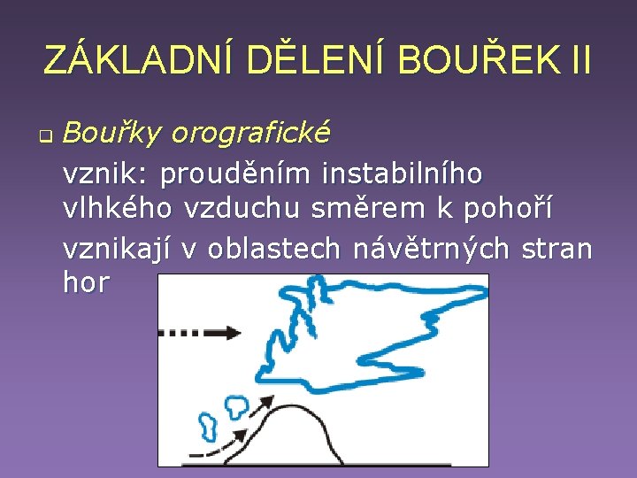ZÁKLADNÍ DĚLENÍ BOUŘEK II q Bouřky orografické vznik: prouděním instabilního vlhkého vzduchu směrem k ZÁKLADNÍ DĚLENÍ BOUŘEK II q Bouřky orografické vznik: prouděním instabilního vlhkého vzduchu směrem k
