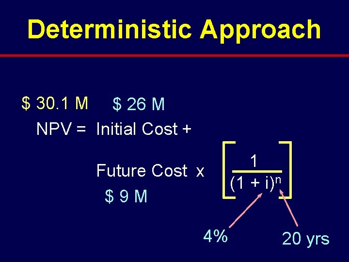 Deterministic Approach $ 30. 1 M $ 26 M NPV = Initial Cost +