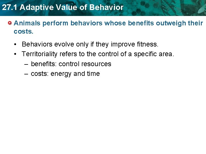 27. 1 Adaptive Value of Behavior Animals perform behaviors whose benefits outweigh their costs.
