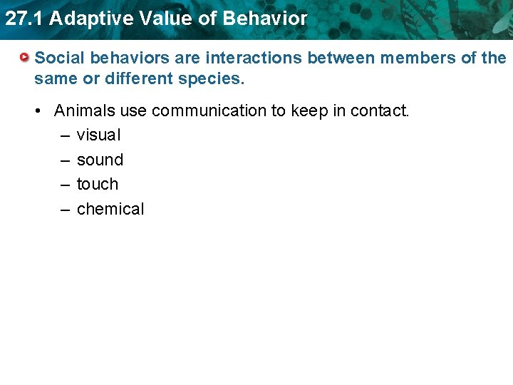27. 1 Adaptive Value of Behavior Social behaviors are interactions between members of the