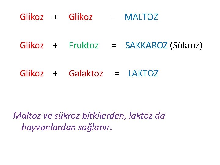 Glikoz + Glikoz = MALTOZ Glikoz + Fruktoz = SAKKAROZ (Sükroz) Glikoz + Galaktoz