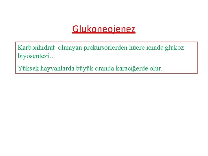 Glukoneojenez Karbonhidrat olmayan prekürsörlerden hücre içinde glukoz biyosentezi… Yüksek hayvanlarda büyük oranda karaciğerde olur.