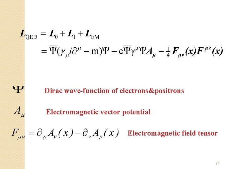 Dirac wave-function of electrons&positrons Electromagnetic vector potential Electromagnetic field tensor 12 