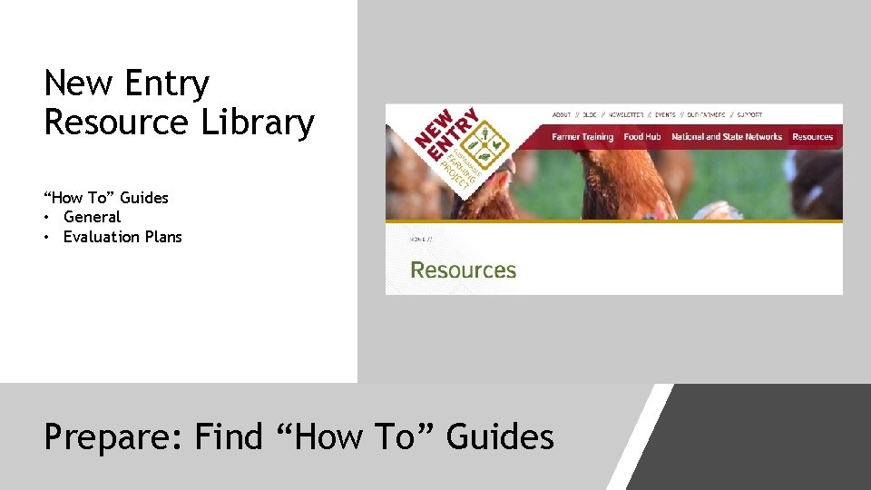 New Entry Resource Library “How To” Guides • General • Evaluation Plans Prepare: Find