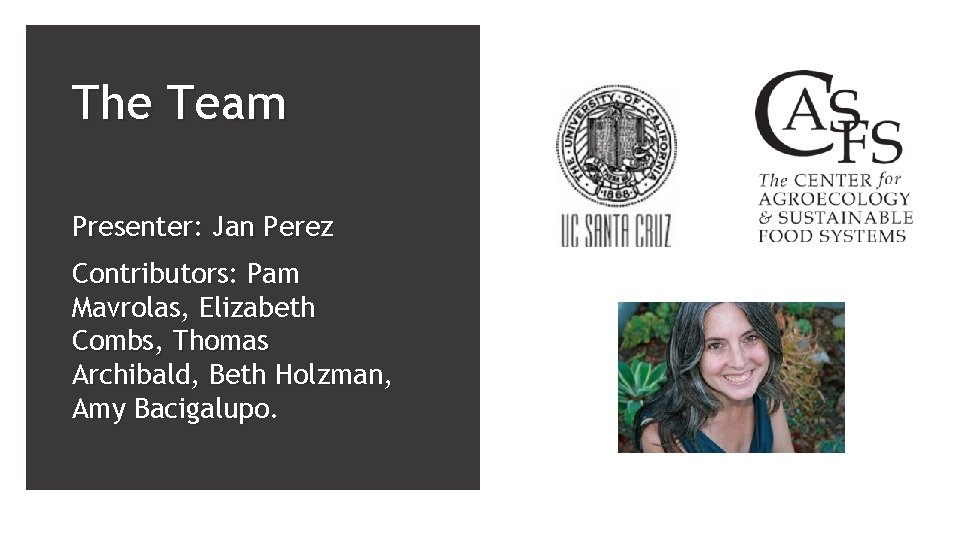 The Team Presenter: Jan Perez Contributors: Pam Mavrolas, Elizabeth Combs, Thomas Archibald, Beth Holzman,