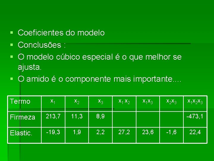 § § § Coeficientes do modelo Conclusões : O modelo cúbico especial é o