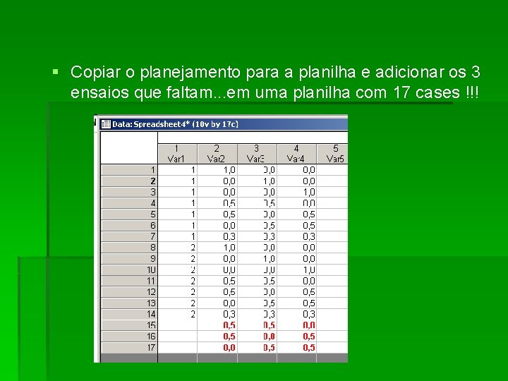 § Copiar o planejamento para a planilha e adicionar os 3 ensaios que faltam.
