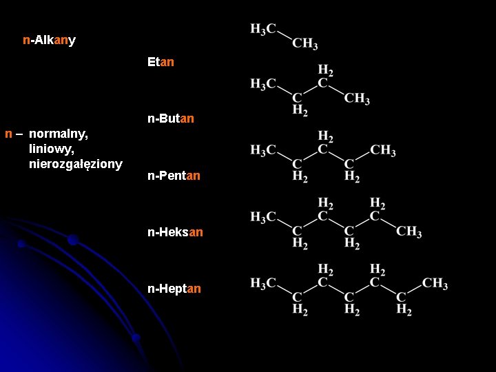 n-Alkany Etan n-Butan n – normalny, liniowy, nierozgałęziony n-Pentan n-Heksan n-Heptan 