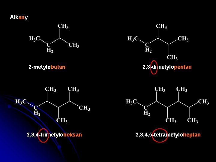 Alkany 2 -metylobutan 2, 3, 4 -trimetyloheksan 2, 3 -dimetylopentan 2, 3, 4, 5