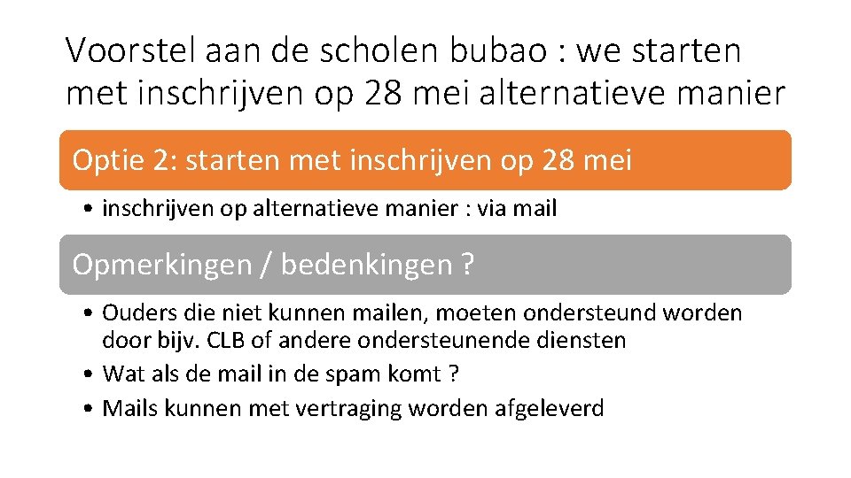 Voorstel aan de scholen bubao : we starten met inschrijven op 28 mei alternatieve