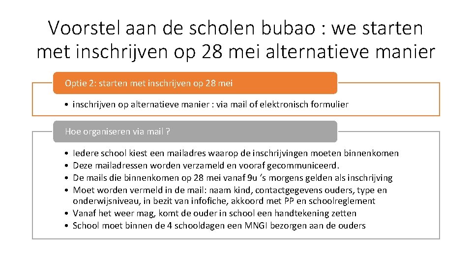 Voorstel aan de scholen bubao : we starten met inschrijven op 28 mei alternatieve