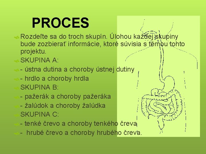 PROCES Rozdeľte sa do troch skupín. Úlohou každej skupiny bude zozbierať informácie, ktoré súvisia