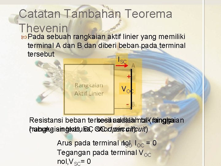 Catatan Tambahan Teorema Thevenin Pada sebuah rangkaian aktif linier yang memiliki terminal A dan