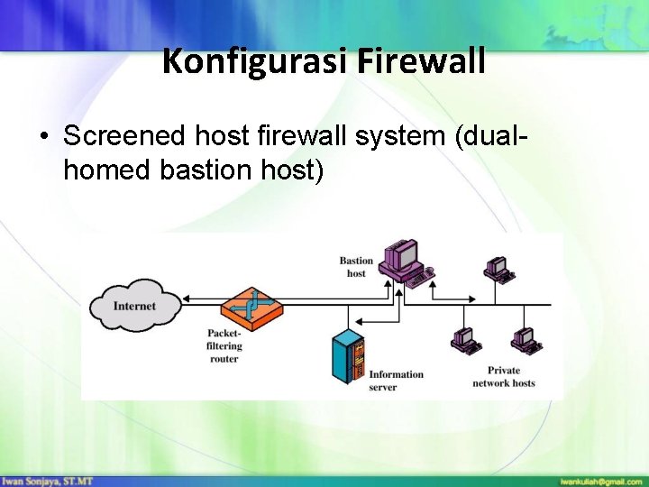 Konfigurasi Firewall • Screened host firewall system (dualhomed bastion host) 