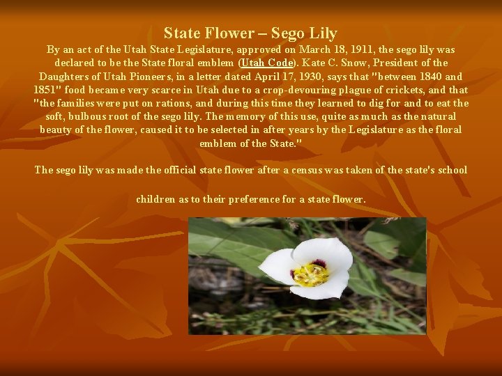 State Flower – Sego Lily By an act of the Utah State Legislature, approved