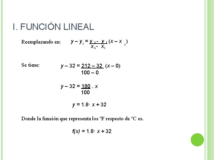 I. FUNCIÓN LINEAL Reemplazando en: Se tiene: y – y 1 = y 2