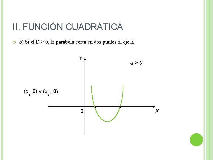 II. FUNCIÓN CUADRÁTICA b) Si el D > 0, la parábola corta en dos