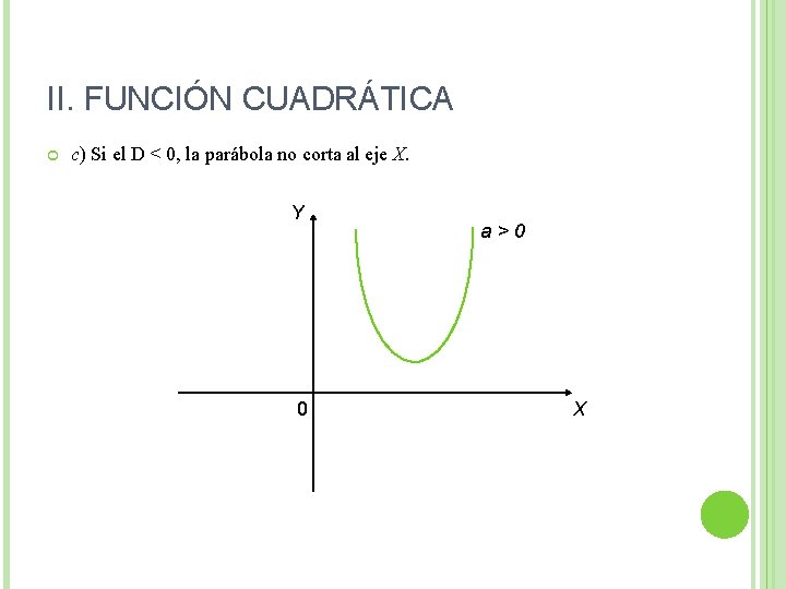 II. FUNCIÓN CUADRÁTICA c) Si el D < 0, la parábola no corta al