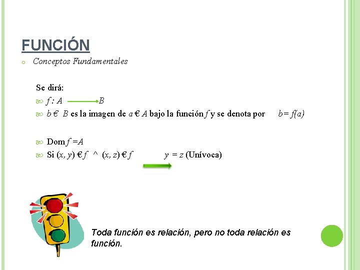 FUNCIÓN o Conceptos Fundamentales Se dirá: f: A B b € B es la