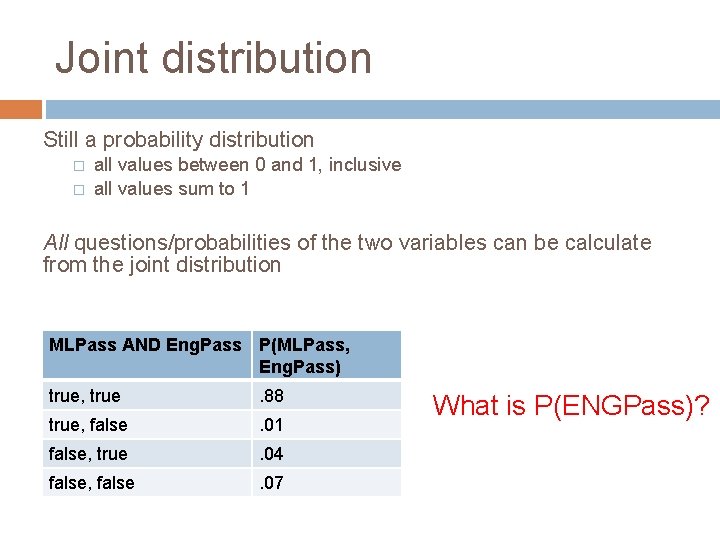 Joint distribution Still a probability distribution � � all values between 0 and 1,